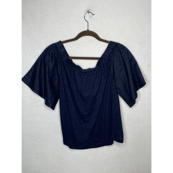 Chicos Womens Off Shoulder Romance Size 1 - Medium Navy Blue Linen Flirty Boho - Picture 6 of 9
